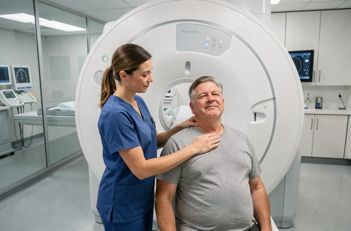 Patiente positionnée dans un scanner IRM pour un examen du rachis cervical afin d'identifier la cause de fourmillements dans le bras
