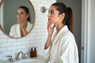 Jeune femme examinant sa peau avec de l'acné dans un miroir de salle de bain moderne entourée de produits de soin