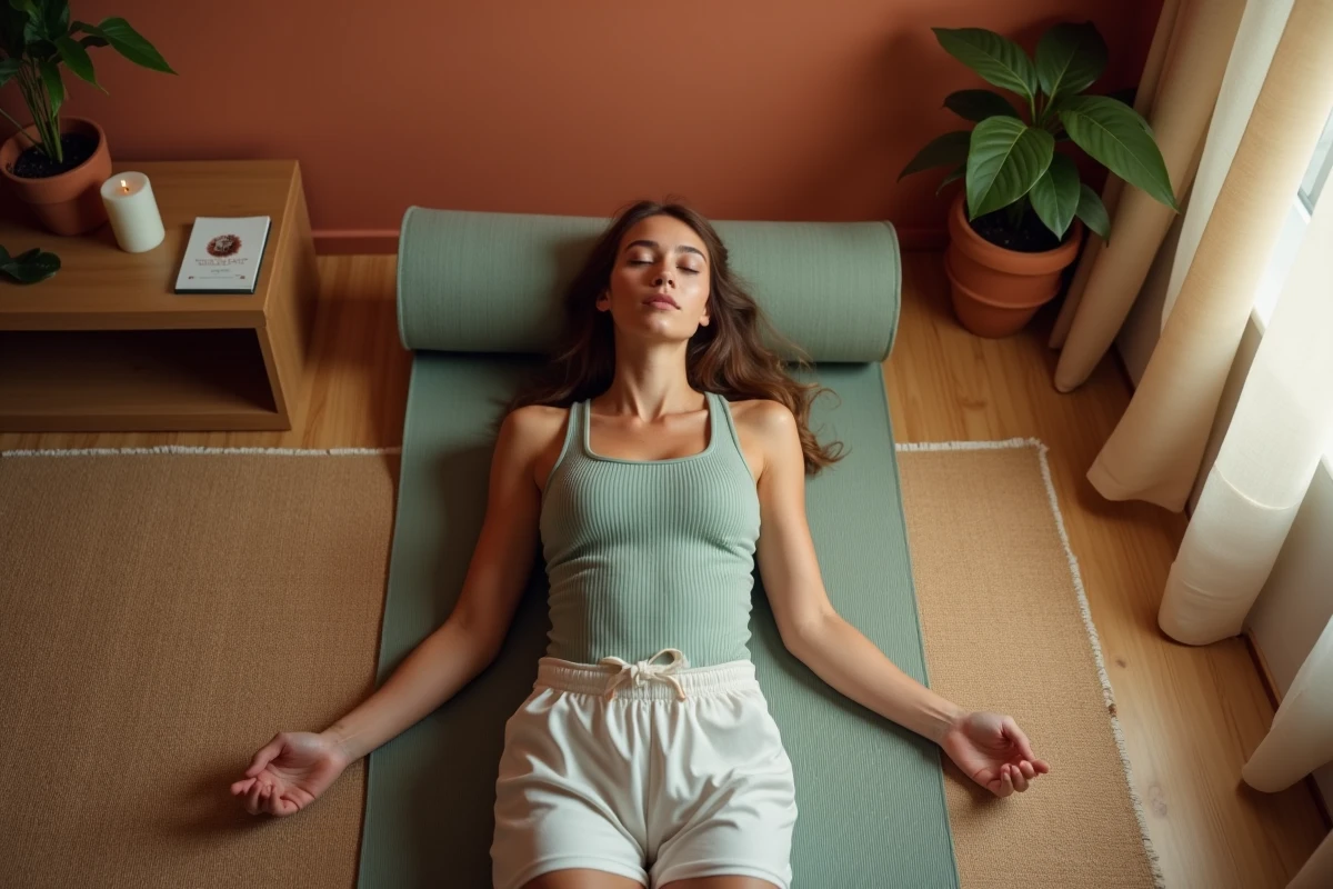 Jeune femme allongée en posture de relaxation sur un tapis de yoga dans une chambre calme aux tons terracotta