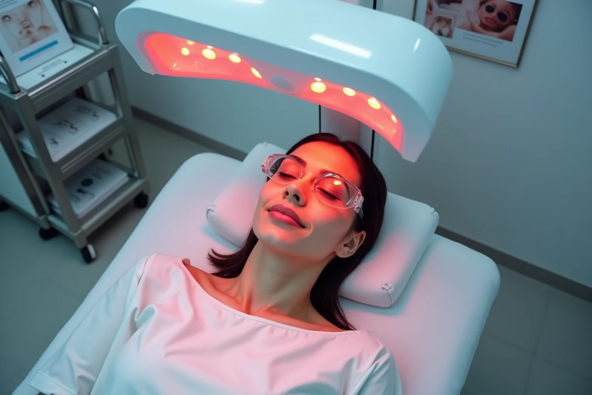Jeune femme en séance de luminothérapie rouge dans une clinique dermatologique professionnelle