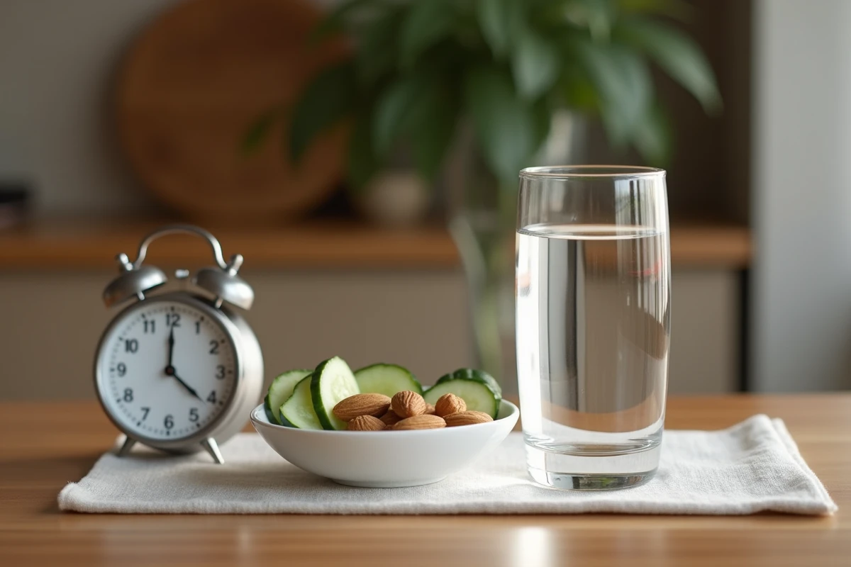 Mise en scène de jeûne avec verre d'eau, aliments légers et horloge symbolisant la fenêtre de jeûne pour la santé du foie