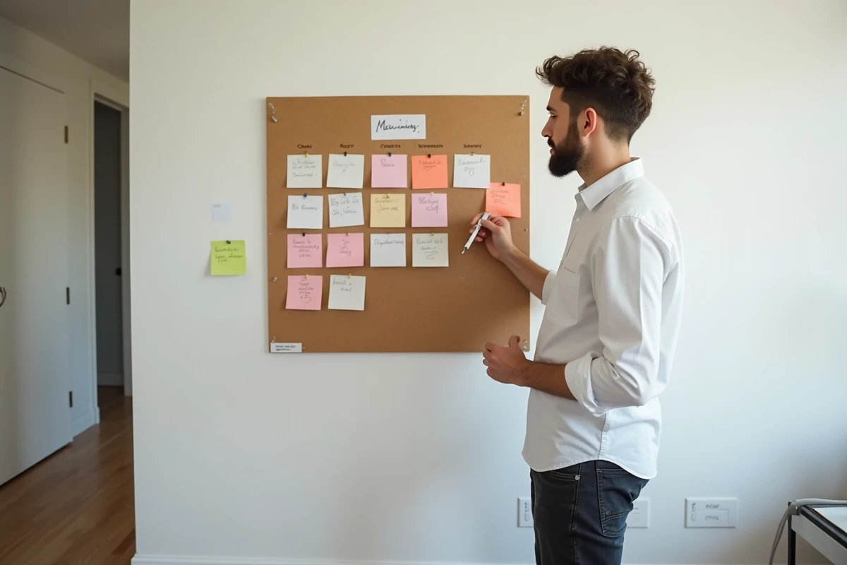 Jeune homme consultant un tableau de planification hebdomadaire accroché au mur, illustrant l'organisation personnelle et la discipline au quotidien