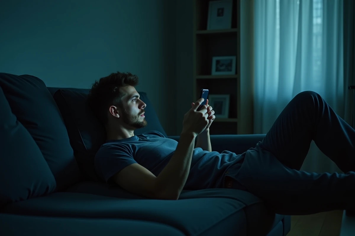Jeune homme allongé seul sur son canapé regardant son téléphone, illustrant l'isolement social et la solitude moderne