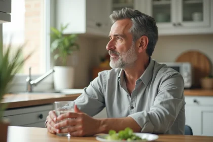 Homme pratiquant le jeûne intermittent avec un verre d'eau dans une cuisine moderne pour éliminer la graisse du foie
