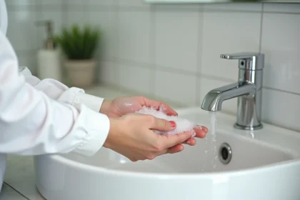 Femme se lavant soigneusement les mains avec du savon pour prévenir les maladies