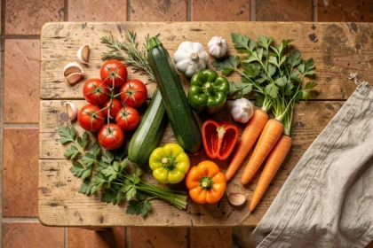 Légumes frais colorés sans oignon disposés en flat lay sur une table en bois rustique pour cuisine alternative
