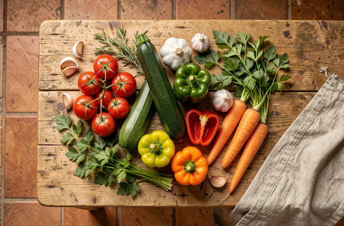 Légumes frais colorés sans oignon disposés en flat lay sur une table en bois rustique pour cuisine alternative