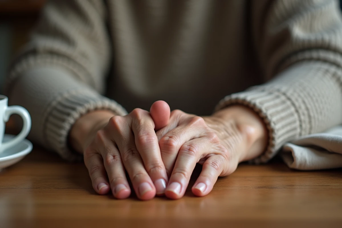 Mains d'une femme âgée atteinte de polyarthrite rhumatoïde avec déformation visible des articulations