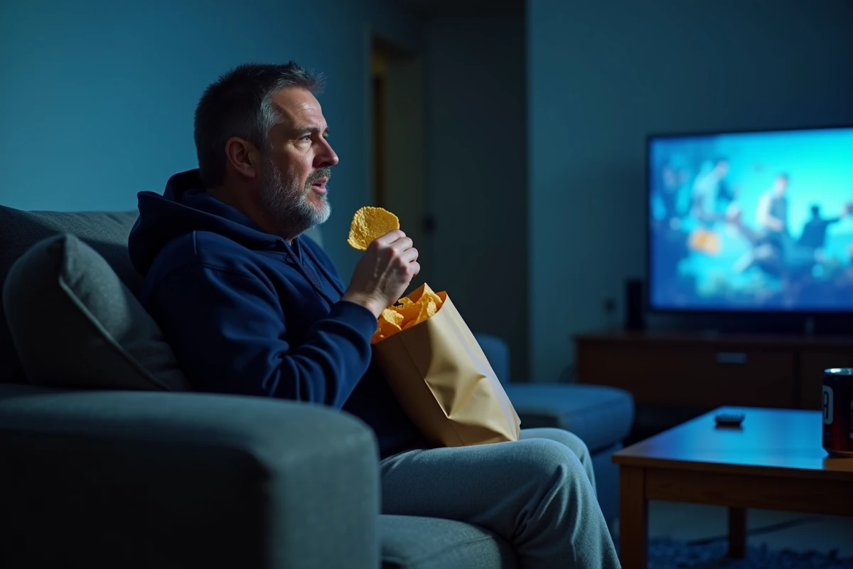 Homme mangeant des chips devant la télévision tard le soir, illustration des mauvaises habitudes alimentaires nocturnes pour la perte de poids