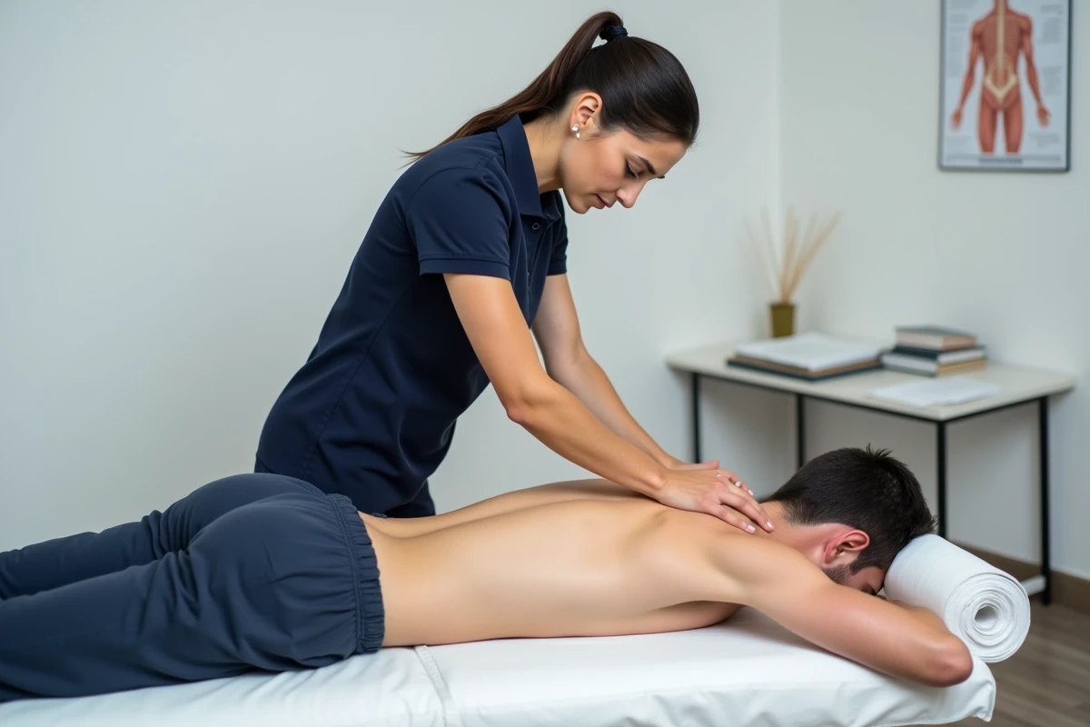 Ostéopathe réalisant une manipulation dorsale sur un patient allongé, montrant le travail manuel et les techniques propres à la profession d'ostéopathe