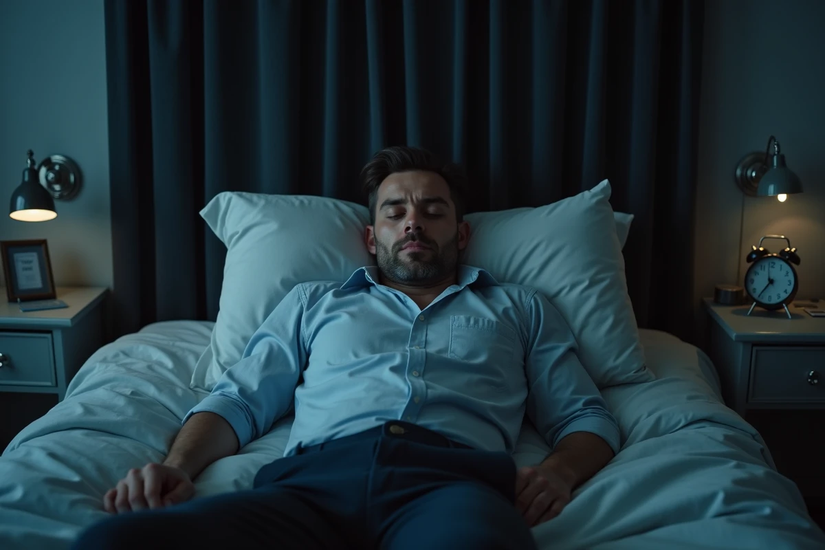 Homme épuisé allongé habillé sur son lit tôt le matin, souffrant de manque de sommeil chronique