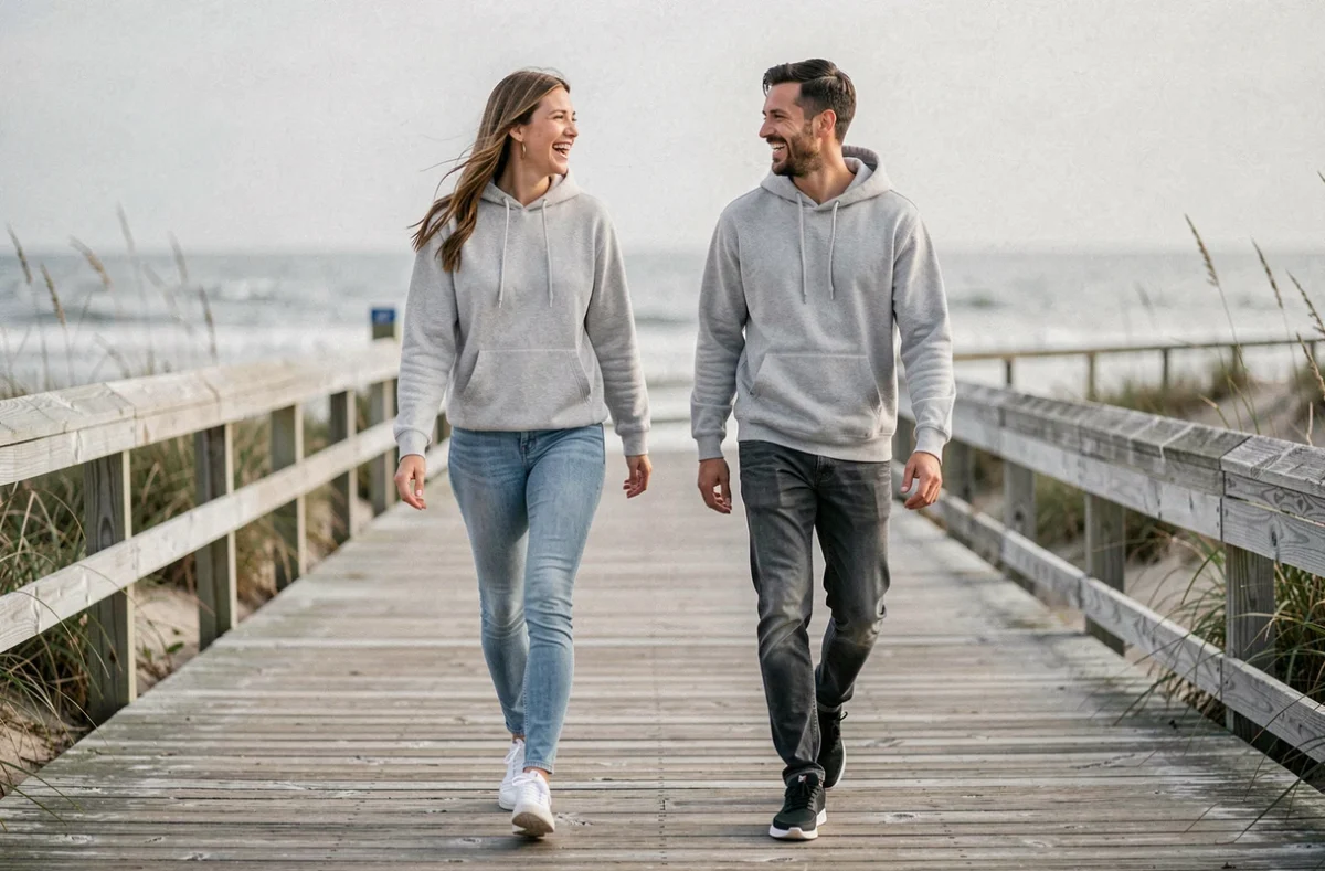 Deux amis marchant et riant ensemble sur un boardwalk côtier lors d'une promenade décontractée de 10000 pas