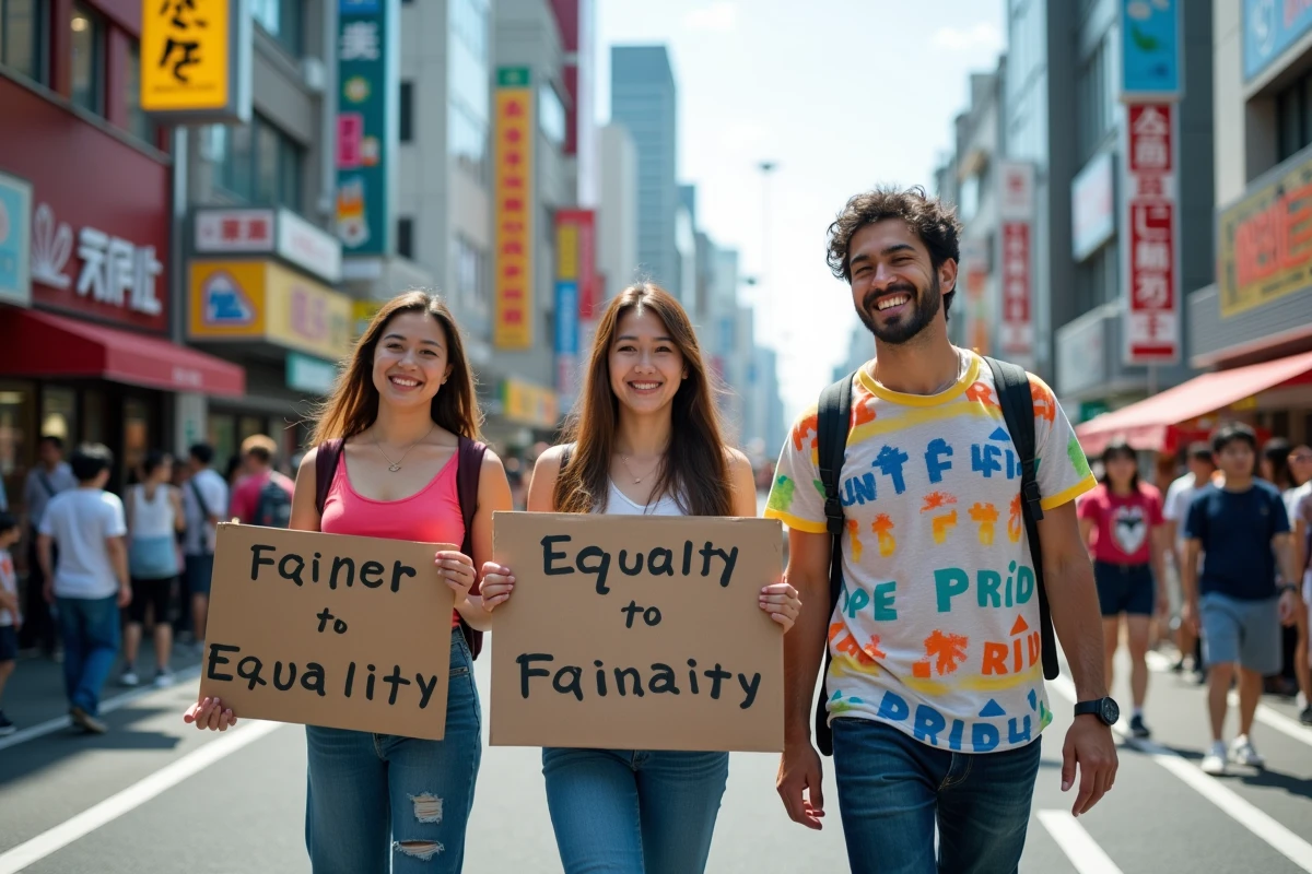 Groupe de participants à une marche des fiertés LGBT à Osaka avec des banderoles en japonais