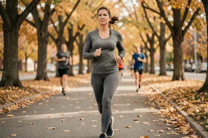 Femme de 40 ans marchant rapidement sur un chemin urbain bordé d'arbres en automne pour atteindre ses 10000 pas quotidiens