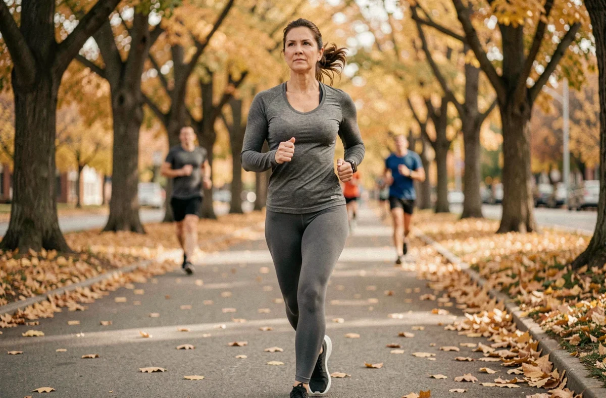 Femme de 40 ans marchant rapidement sur un chemin urbain bordé d'arbres en automne pour atteindre ses 10000 pas quotidiens