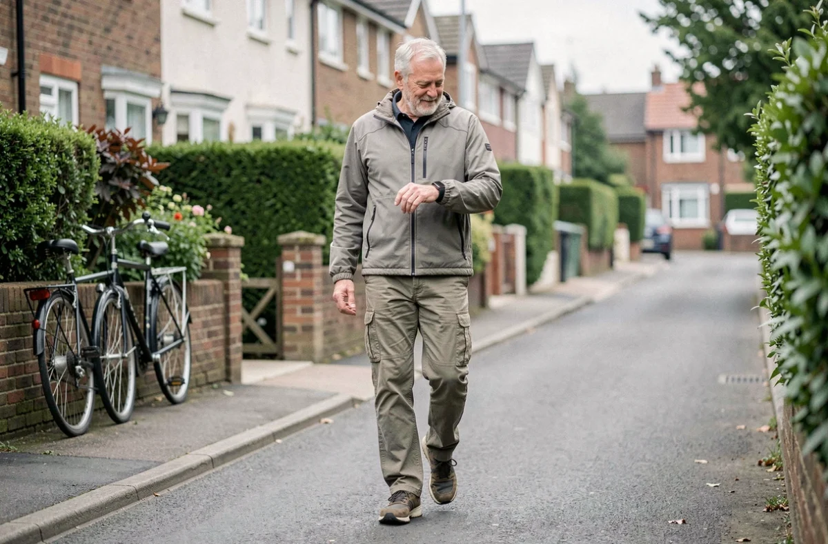 Homme senior consultant son tracker de pas lors d'une marche tranquille dans un quartier résidentiel paisible