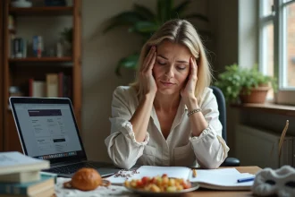Femme fatiguée entourée d'écrans, de nourriture et de désordre représentant les mauvaises habitudes pour le cerveau