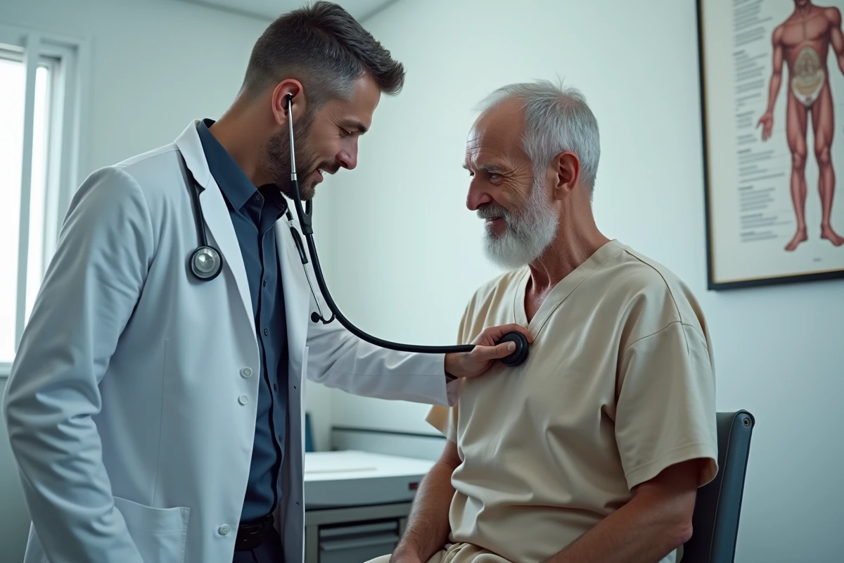 Médecin utilisant un stéthoscope pour examiner un patient souffrant d'essoufflement lors d'une consultation médicale