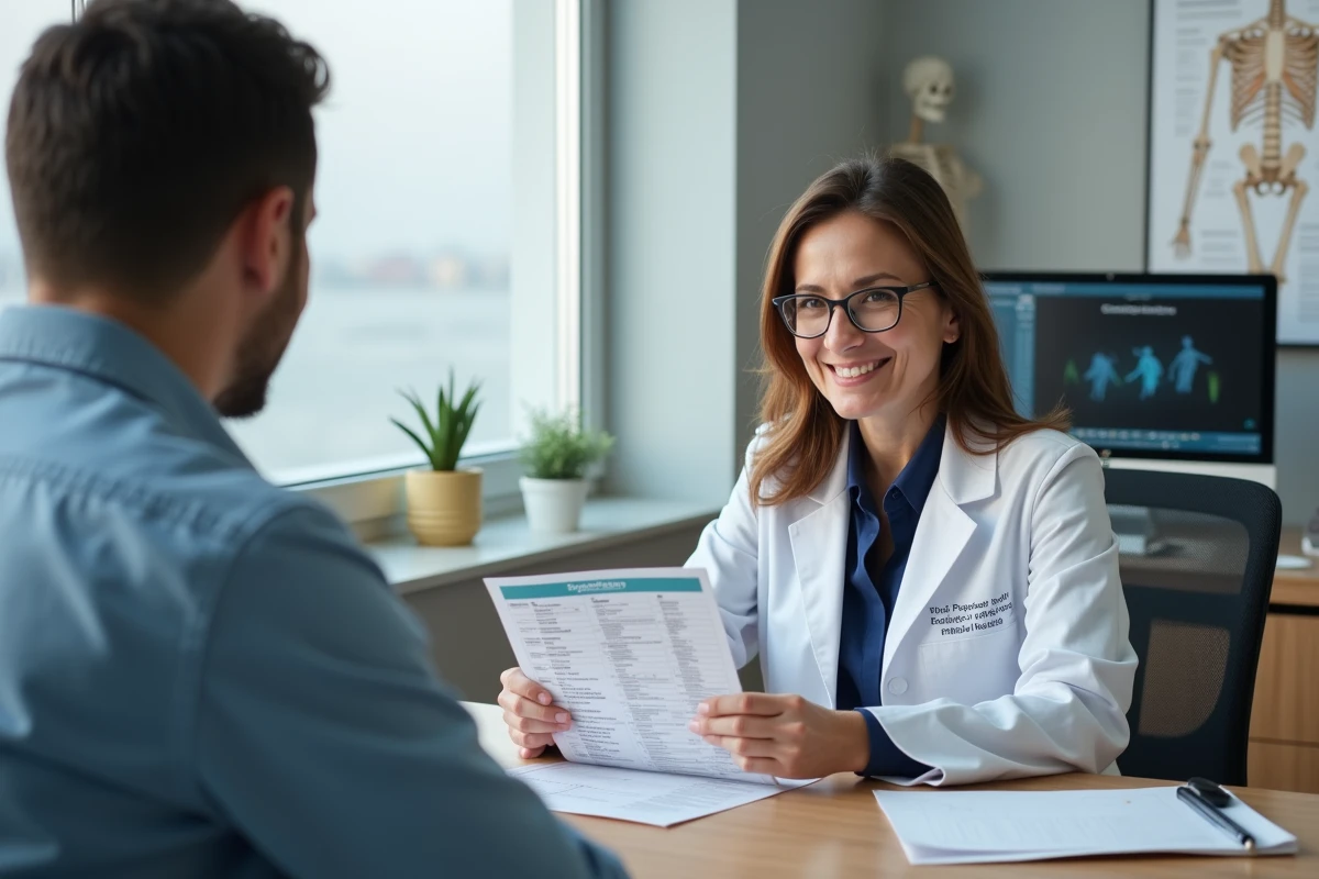 Médecin pédiatre expliquant le calendrier vaccinal scolaire à un parent lors d'une consultation