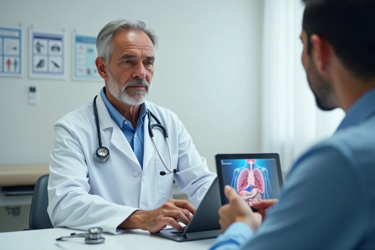 Médecin en consultation expliquant les maladies provoquant des glaires à un patient dans un cabinet médical