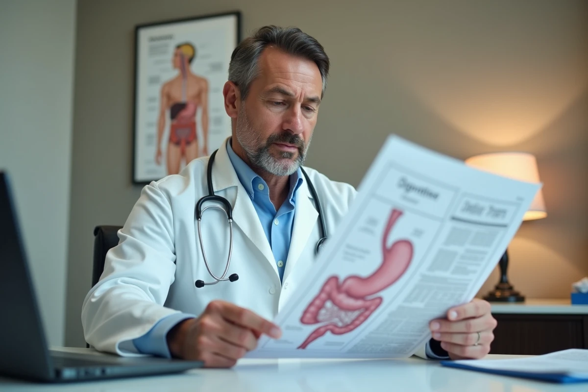 Médecin gastro-entérologue consultant un dossier sur les troubles de malabsorption dans un cabinet médical