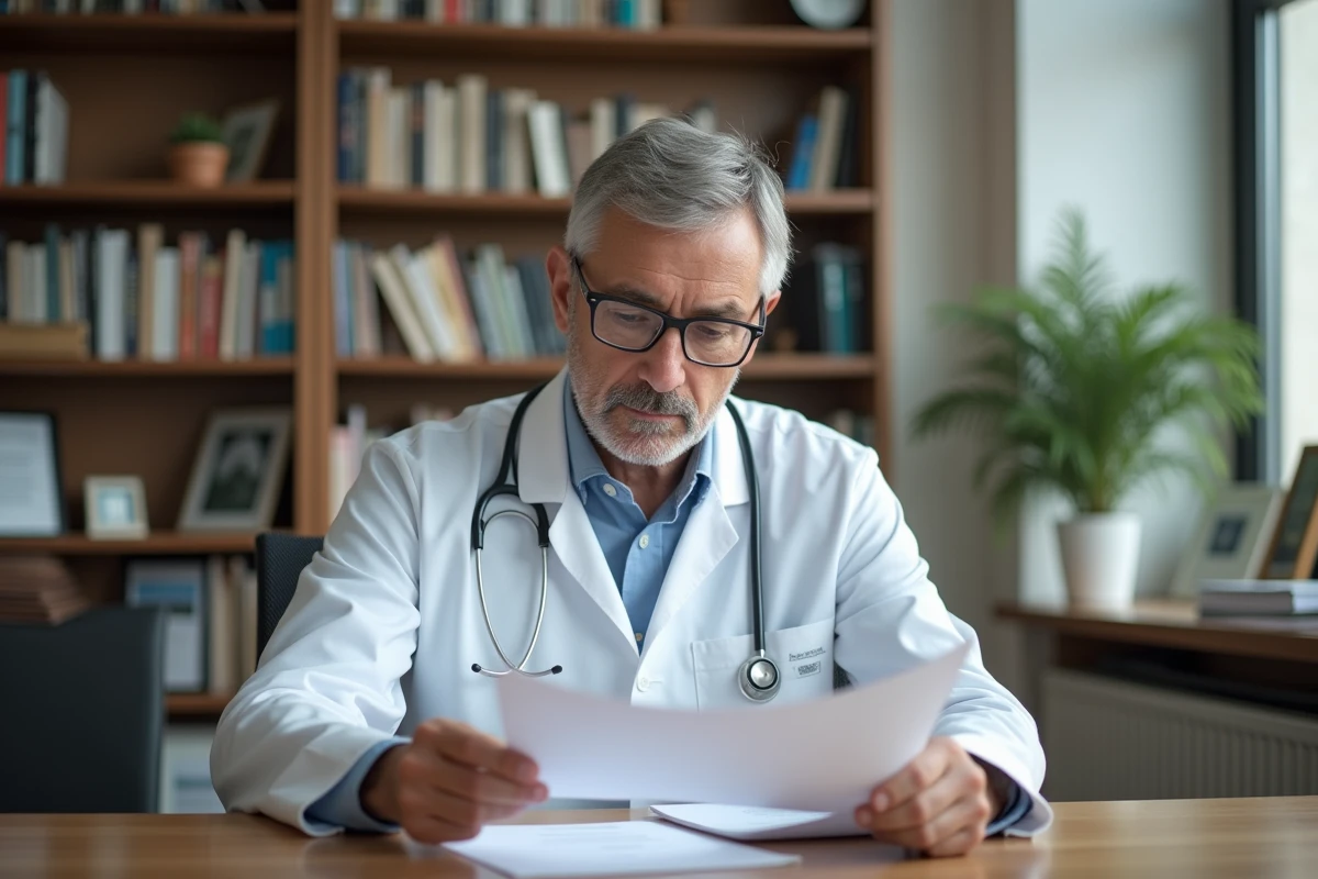 Médecin spécialiste en soins palliatifs consultant des dossiers médicaux dans son bureau de structure spécialisée