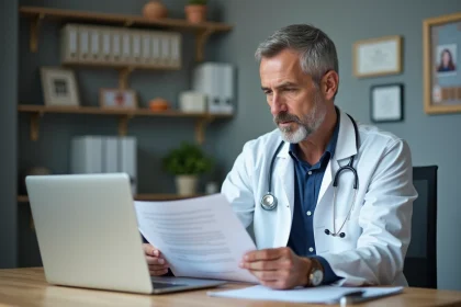 Médecin spécialiste Optam assis à son bureau révisant des documents médicaux dans un cabinet moderne