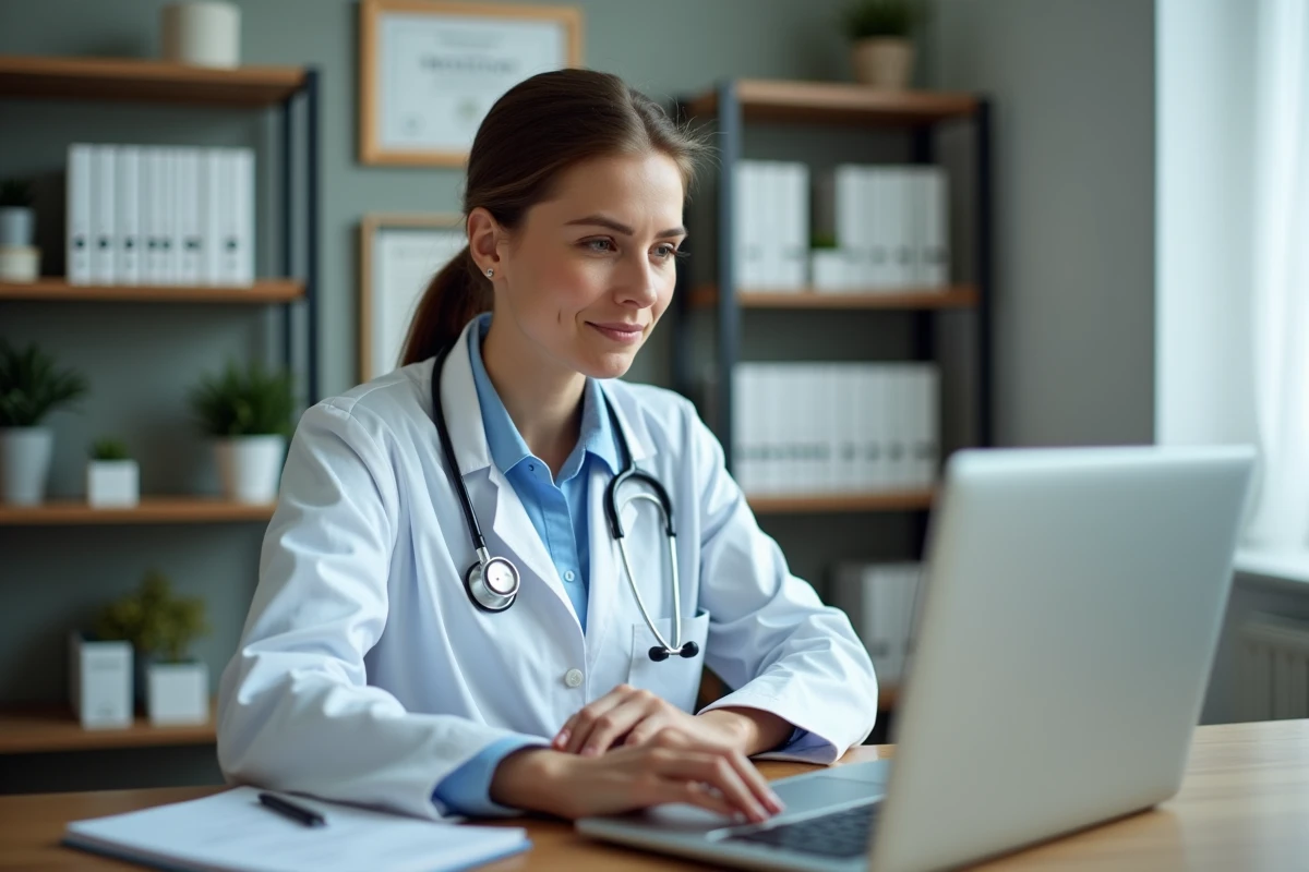 Médecin généraliste réalisant une téléconsultation depuis son cabinet médical devant un ordinateur portable