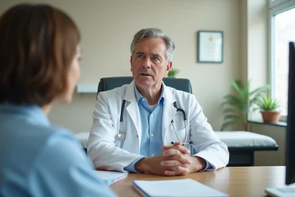 Médecin généraliste assis derrière son bureau lors d'une consultation sérieuse avec un patient, dans un cabinet médical réaliste