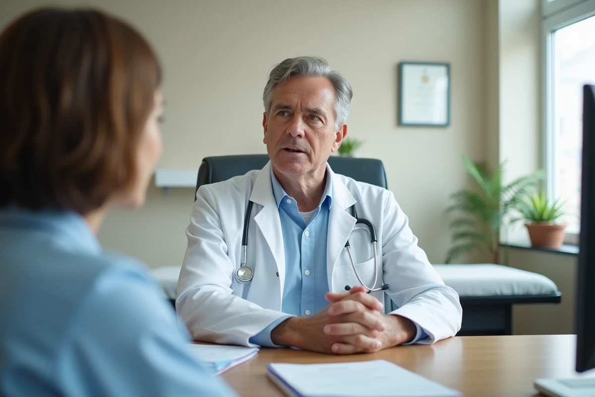 Médecin généraliste assis derrière son bureau lors d'une consultation sérieuse avec un patient, dans un cabinet médical réaliste
