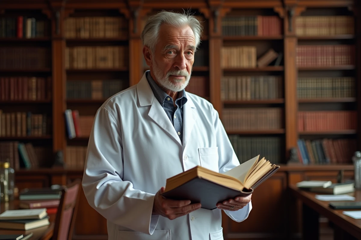 Médecin âgé et expérimenté consultant un livre médical ancien dans une bibliothèque universitaire historique