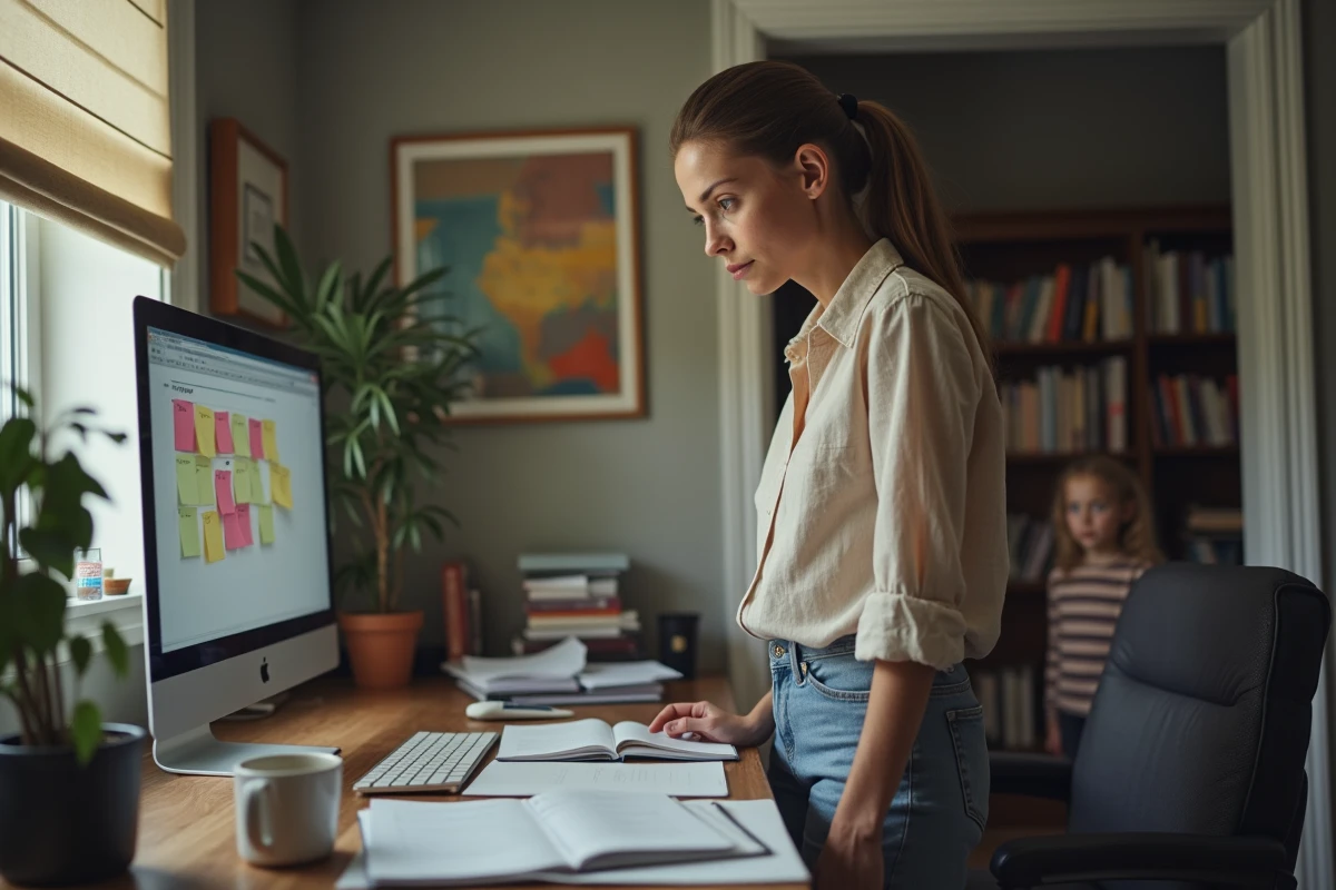 Mère et fille partageant des traits de TDAH dans un bureau à domicile encombré illustrant la transmission maternelle