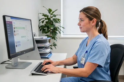 Professionnelle de santé accédant à la messagerie sécurisée du CHU Montpellier depuis son poste de travail hospitalier