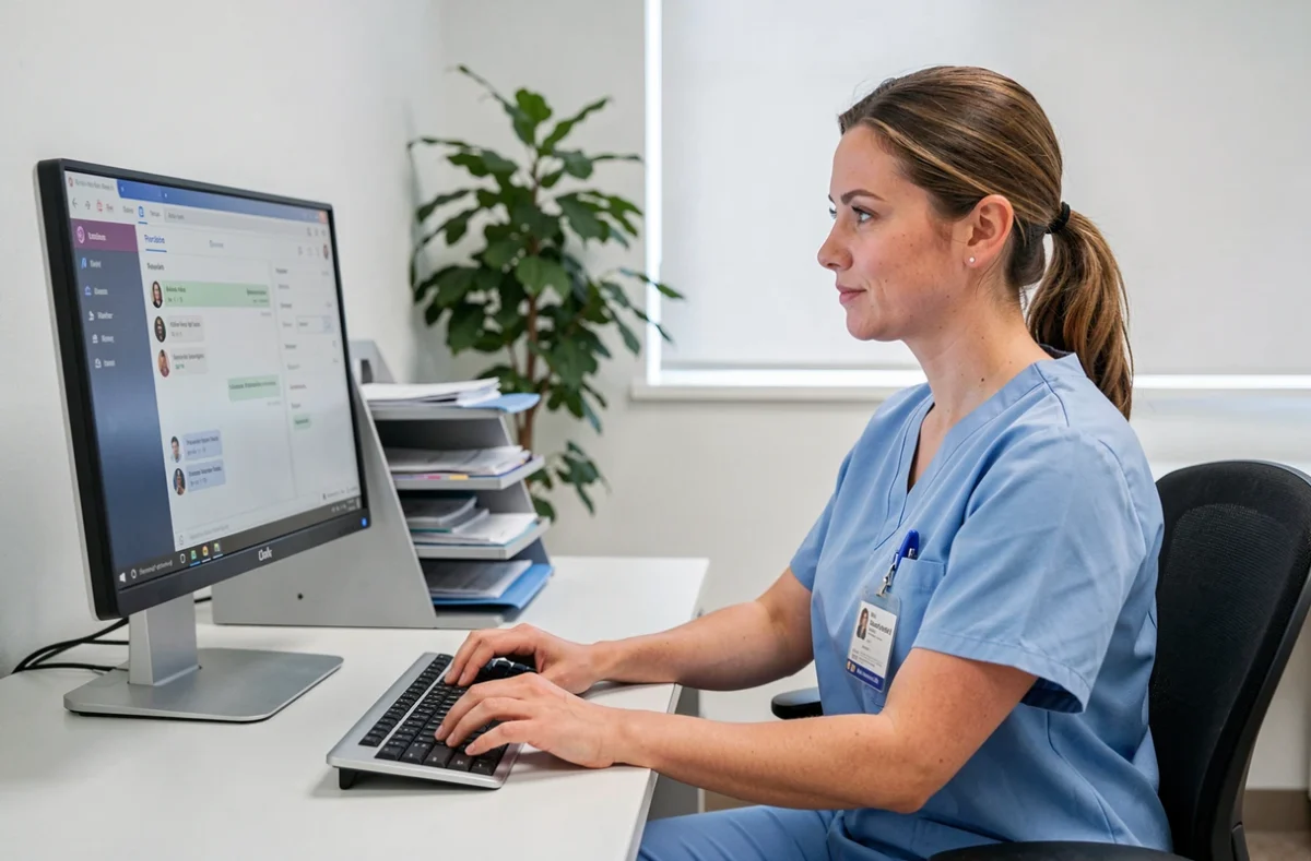 Professionnelle de santé accédant à la messagerie sécurisée du CHU Montpellier depuis son poste de travail hospitalier