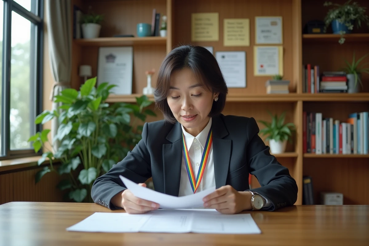 Militante japonaise pour les droits LGBT dans un bureau associatif à Kyoto examinant des documents