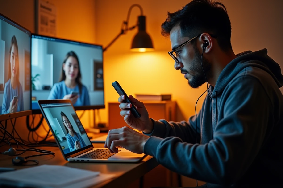 Homme jonglant simultanément entre plusieurs écrans et appareils numériques illustrant le multitâche permanent