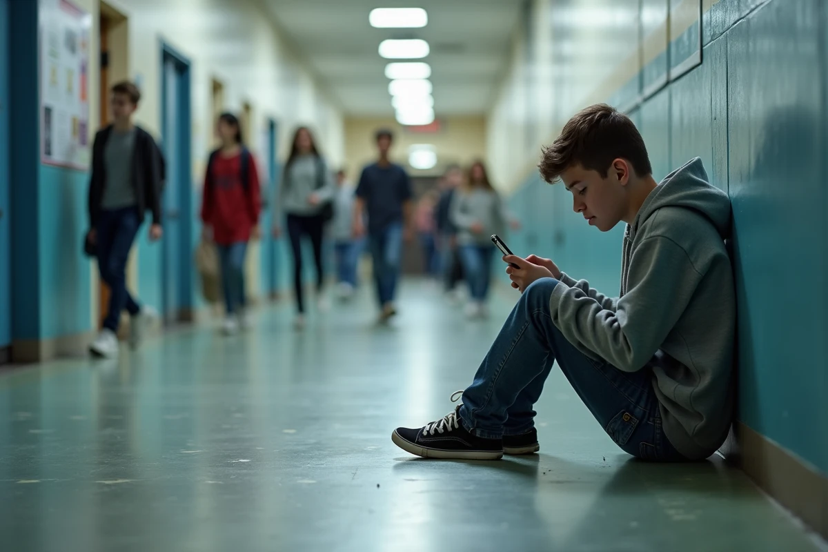 Adolescent isolé dans un couloir scolaire consultant son téléphone, illustrant l'exclusion sociale et la santé mentale des jeunes