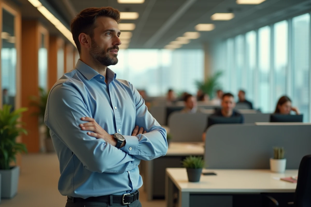 Homme isolé dans un open space professionnel, représentant la pression des normes sociales au travail