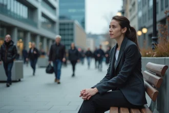 Jeune femme seule sur un banc en ville, illustrant l'impact des normes sociales sur la santé mentale