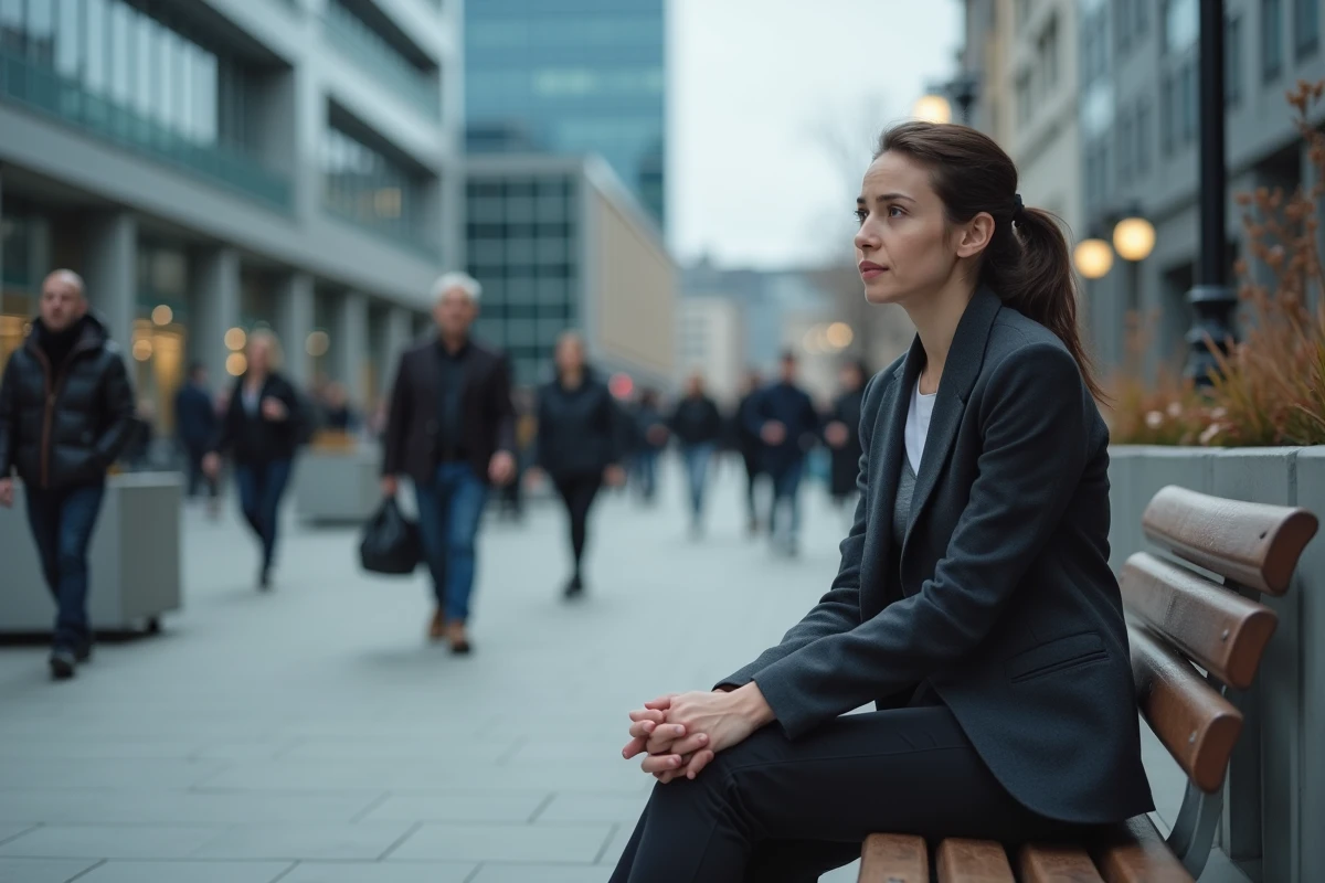 Jeune femme seule sur un banc en ville, illustrant l'impact des normes sociales sur la santé mentale