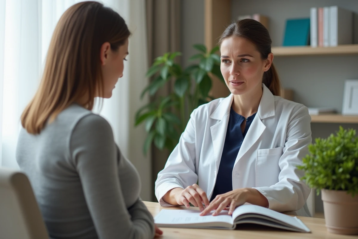 Nutritionniste expliquant les recommandations alimentaires à une femme enceinte lors d'une consultation médicale