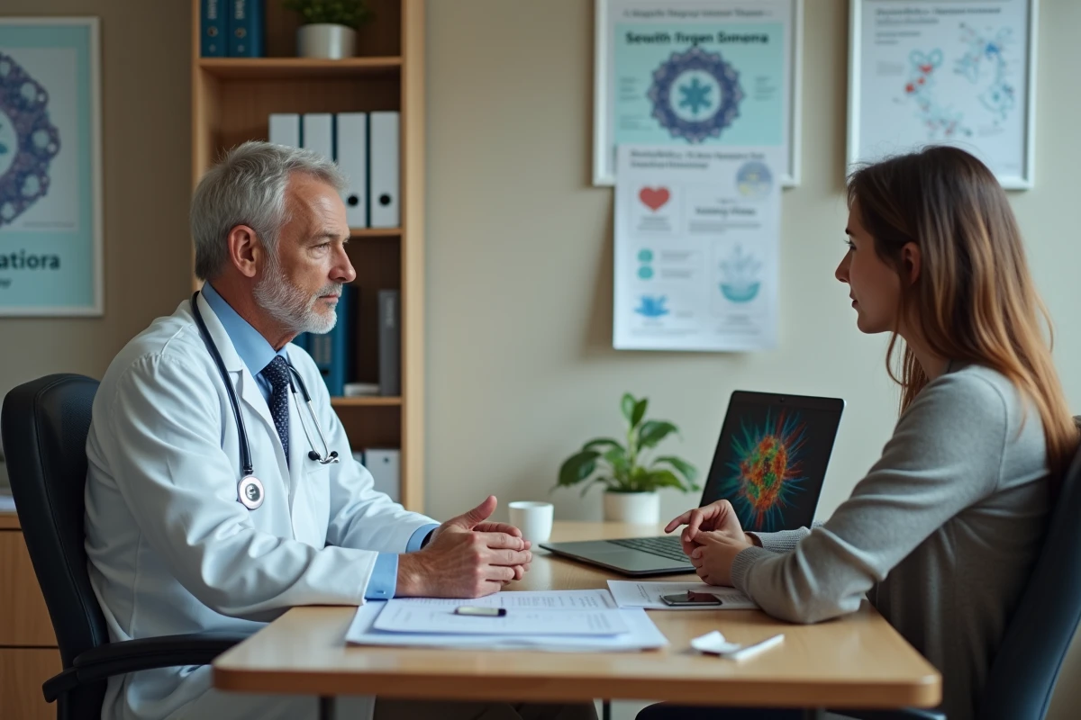 Oncologue discutant des avancées en vaccins contre le cancer avec une patiente en consultation médicale