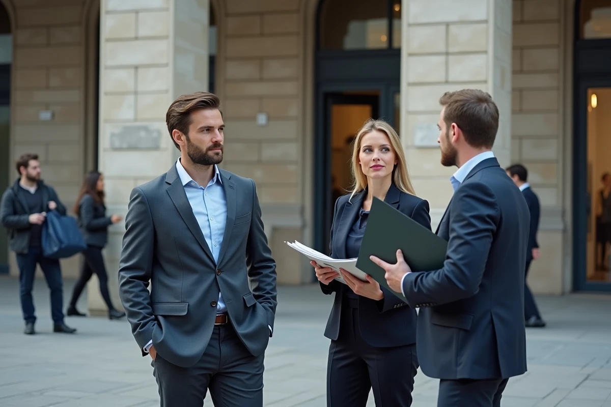 Groupe d'ostéopathes discutant devant un bâtiment administratif, symbolisant les démarches pour la reconnaissance officielle et réglementaire de la profession en France
