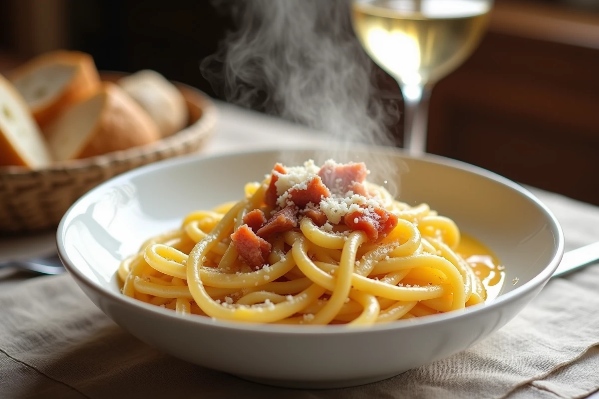 Assiette généreuse de pâtes carbonara crémeuses avec pancetta et parmesan dans un restaurant italien