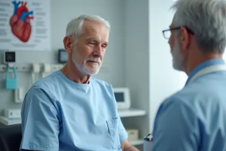 Patient âgé consultant un cardiologue après la pose d'un stent coronarien en milieu hospitalier