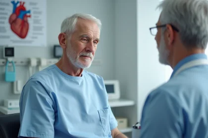 Patient âgé consultant un cardiologue après la pose d'un stent coronarien en milieu hospitalier