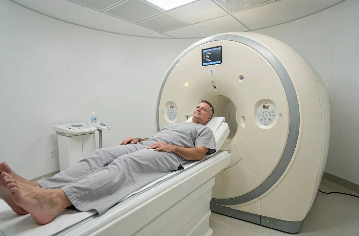 Patient allongé dans un scanner IRM lors d'un examen d'imagerie médicale dans un centre de radiologie