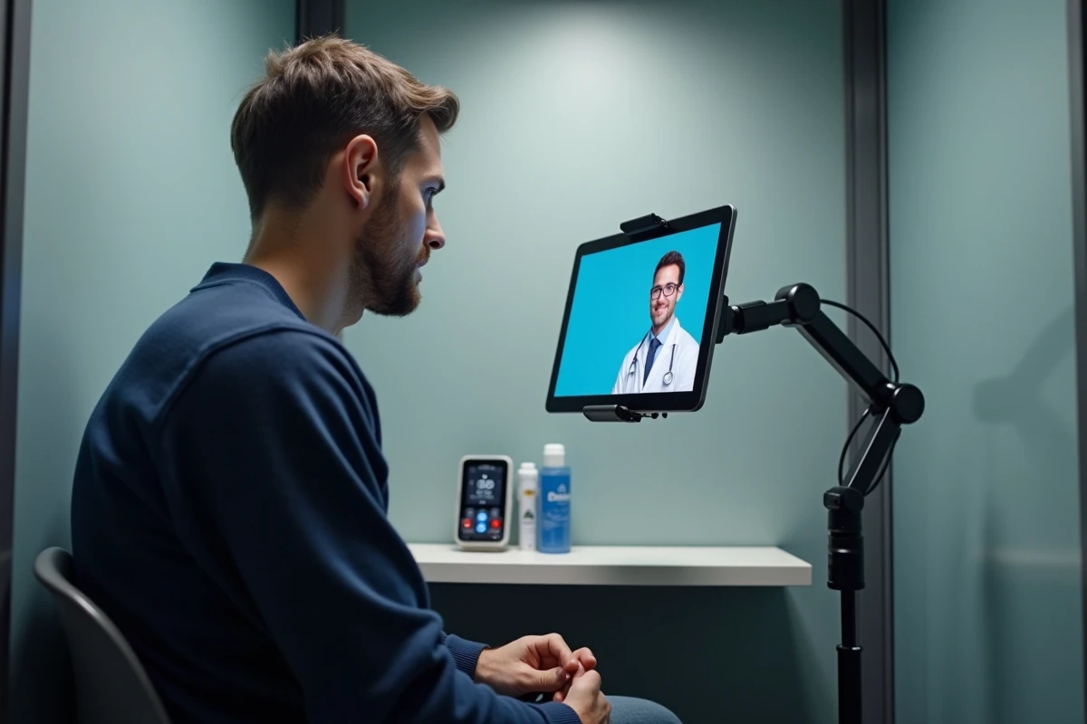 Patient en téléconsultation médicale dans une cabine privée de pharmacie via tablette numérique