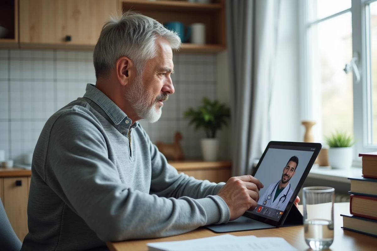 Patient adulte en téléconsultation médicale depuis son domicile avec une tablette numérique