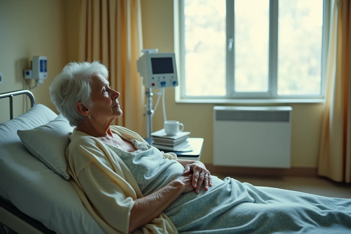 Patiente âgée hospitalisée dans une chambre d'hôpital, évoquant les pathologies chroniques et mortelles